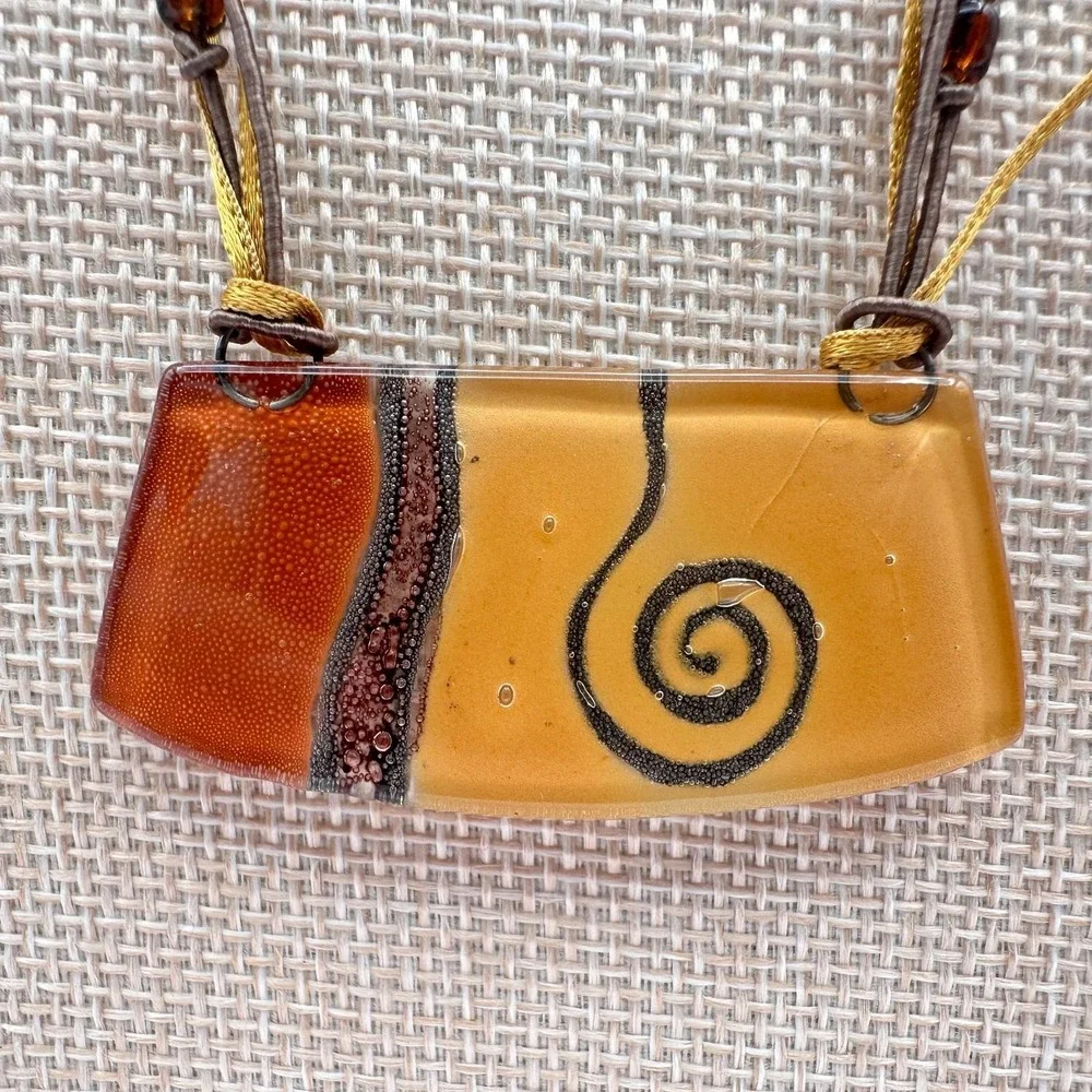 Vintage 90s Earth Tone Fused Glass Necklace Earrings Set Boho‎ Fashion Jewelry